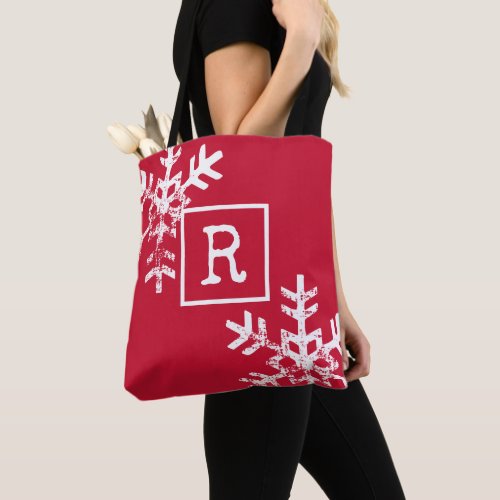 Monogram Red Christmas Snowflake Tote Bag
