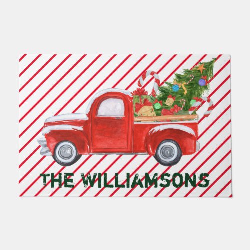 Monogram Red Christmas Vintage Truck Holiday Doormat