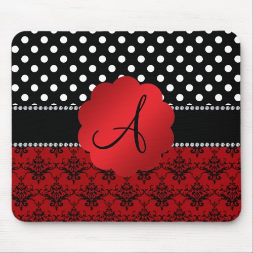 Monogram red damask black polka dots mouse pad