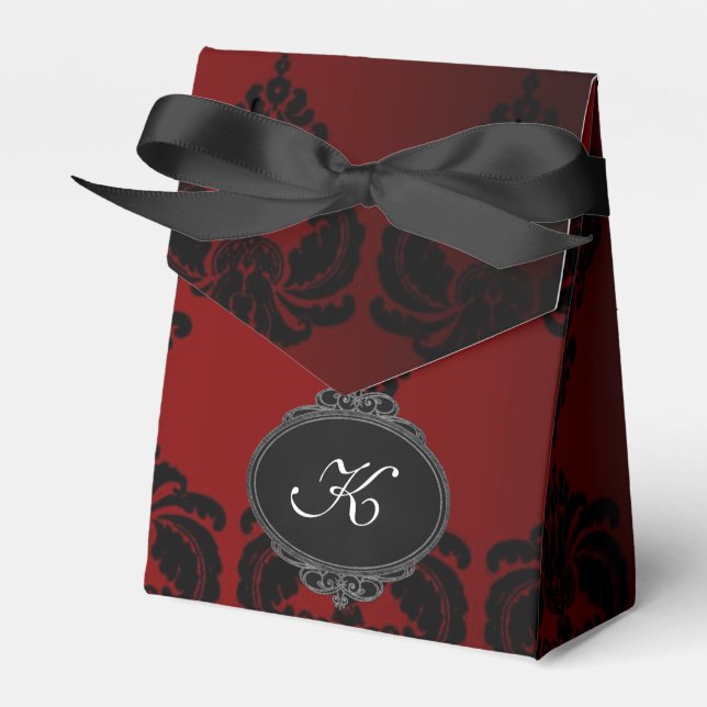 Monogram Red Damask Party Favor Box (Front Side)