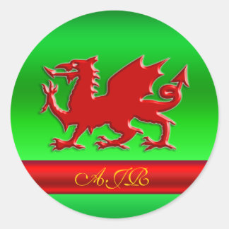 Monogram, Red Dragon on green metallic-effect Classic Round Sticker