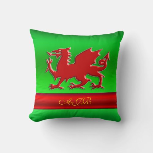 Monogram Red Dragon on green metallic_effect Throw Pillow