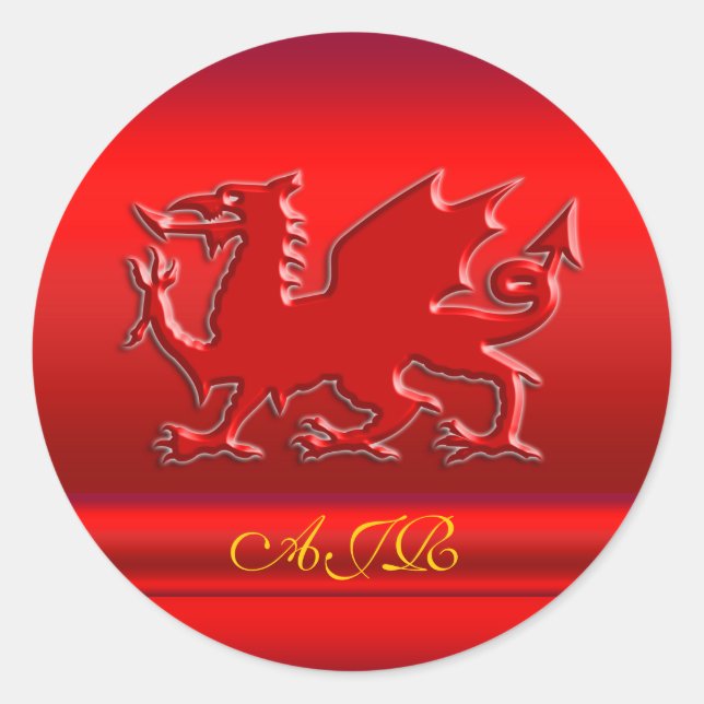 Monogram, Red Dragon on red metallic-effect Classic Round Sticker (Front)