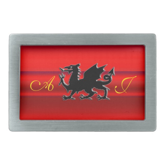 Monogram, Red Dragon on red metallic-effect Rectangular Belt Buckle (Front)