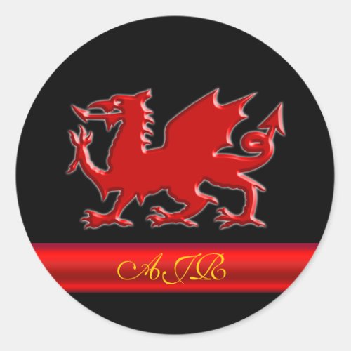 Monogram Red Dragon red metallic_effect stripe Classic Round Sticker