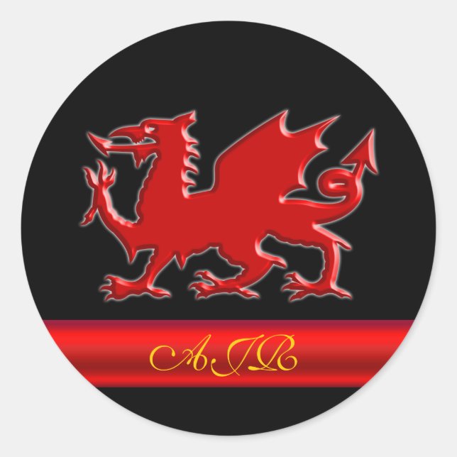 Monogram Red Dragon, red metallic-effect stripe Classic Round Sticker (Front)
