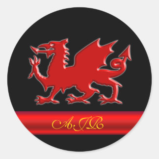 Monogram Red Dragon, red metallic-effect stripe Classic Round Sticker