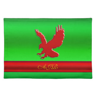Monogram, Red Eagle logo on green metallic-effect Cloth Placemat