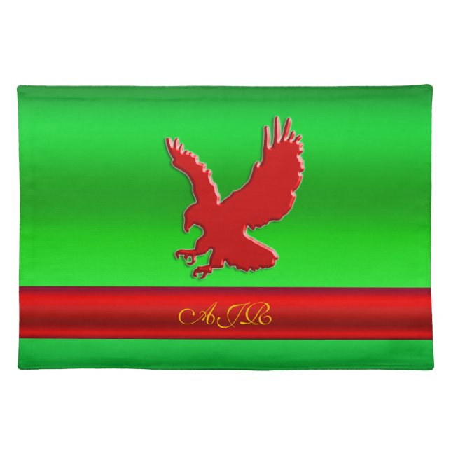 Monogram, Red Eagle logo on green metallic-effect Cloth Placemat (Front)
