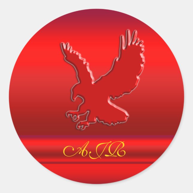 Monogram, Red Eagle logo on red metallic-effect Classic Round Sticker (Front)