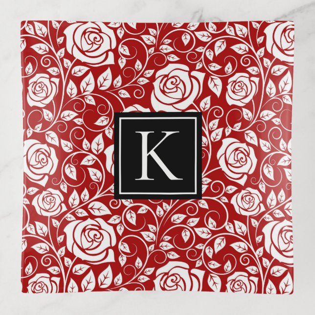 Monogram Red Floral Pattern Trinket Tray (Front)