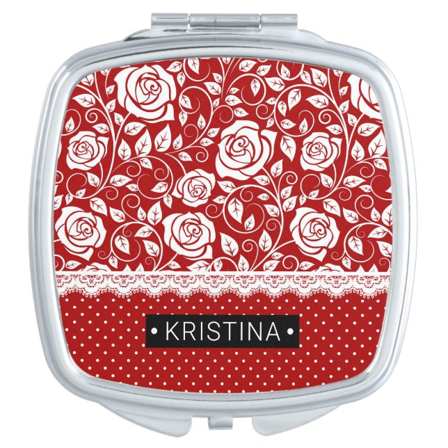 Monogram Red Floral Rose Pattern Compact Mirror (Front)