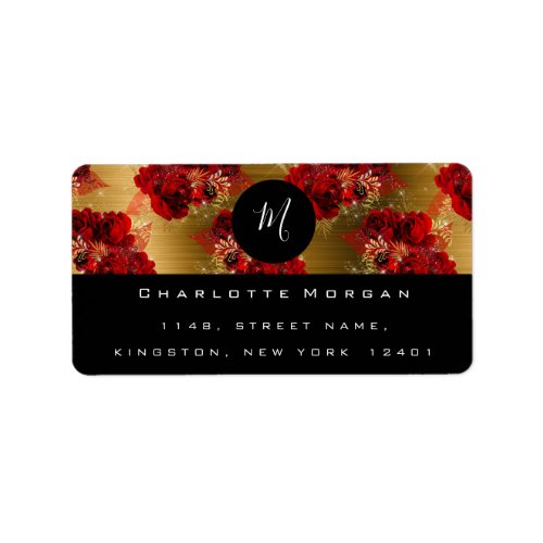 Monogram Red Flower Roses Sparkly Gold RSVP Label