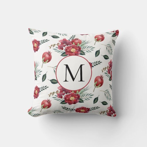 Monogram Red Flowers and Berries and Green Leaves Throw Pillow