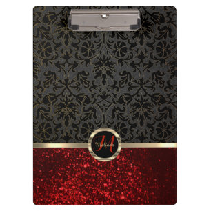 Monogram Red Glitter and Floral Design Clipboard