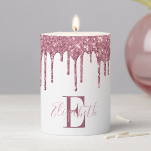 Monogram Red Glitter Drip White Pillar Candle
