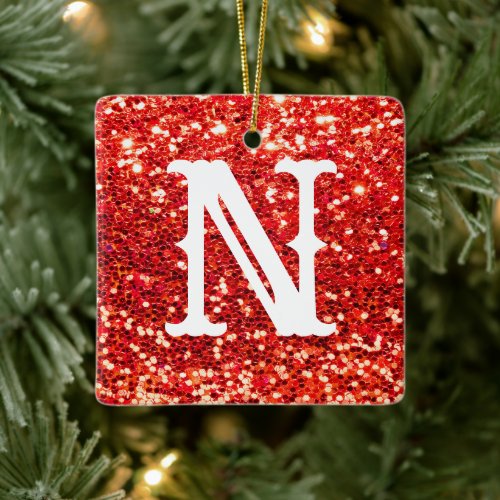 Monogram Red Glitter Metallic Christmas Holiday  Ceramic Ornament