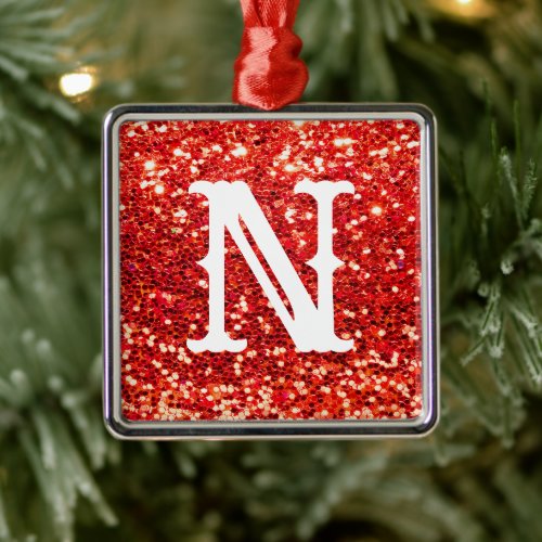 Monogram Red Glitter Metallic Christmas Holiday Metal Ornament