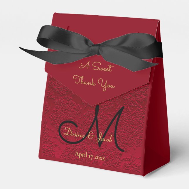 Monogram Red Gold Black Christmas Winter Wedding Favor Boxes (Front Side)