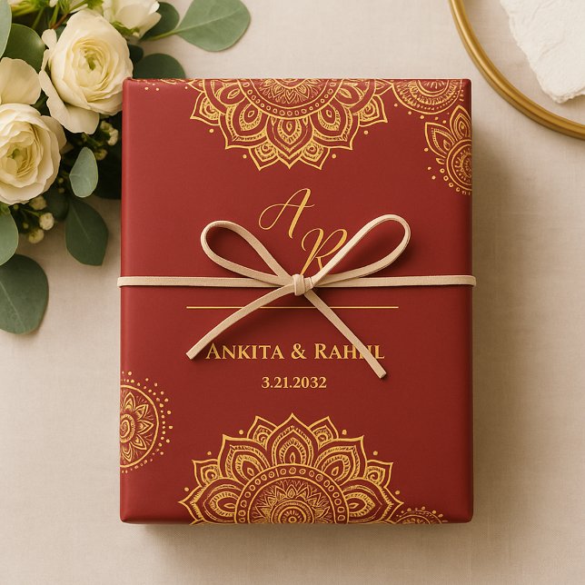 Monogram Red Gold Mandala Indian Wedding  Wrapping Paper Sheets (Monogram Red Gold Mandala Indian Wedding Wrapping Paper Sheets)