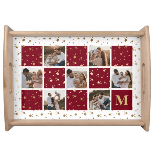 Monogram Red Gold Photo Collage Christmas Holiday Serving Tray