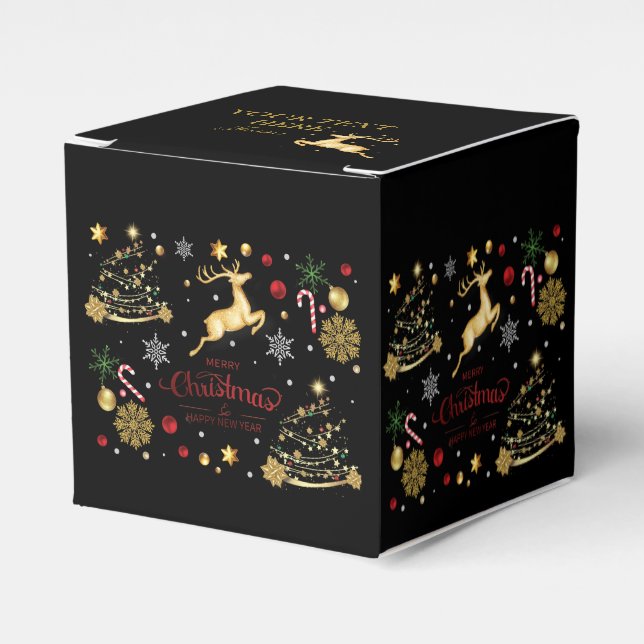 monogram Red Gold Reindeer Merry Christmas Tree  Favor Boxes (Front Side)