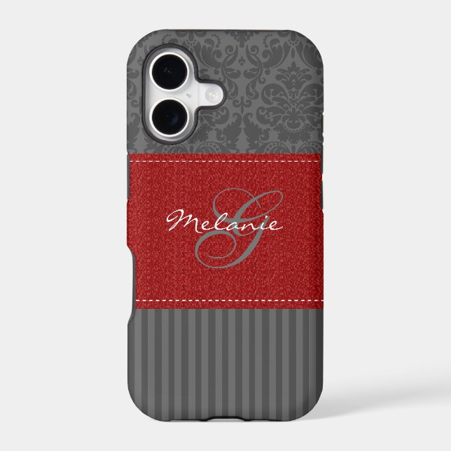 Monogram Red, Gray Damask Stripe iPhone 5 Case (Back)