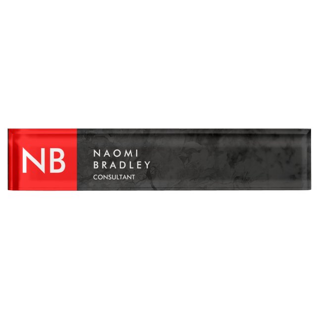 Monogram Red Gray Pattern Modern Desk Name Plate (Front)
