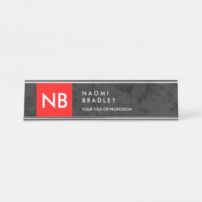 Monogram Red Gray Pattern Modern Desk Name Plate (Front)