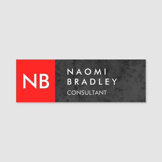 Monogram Red Gray Pattern Modern Name Tag (Front)