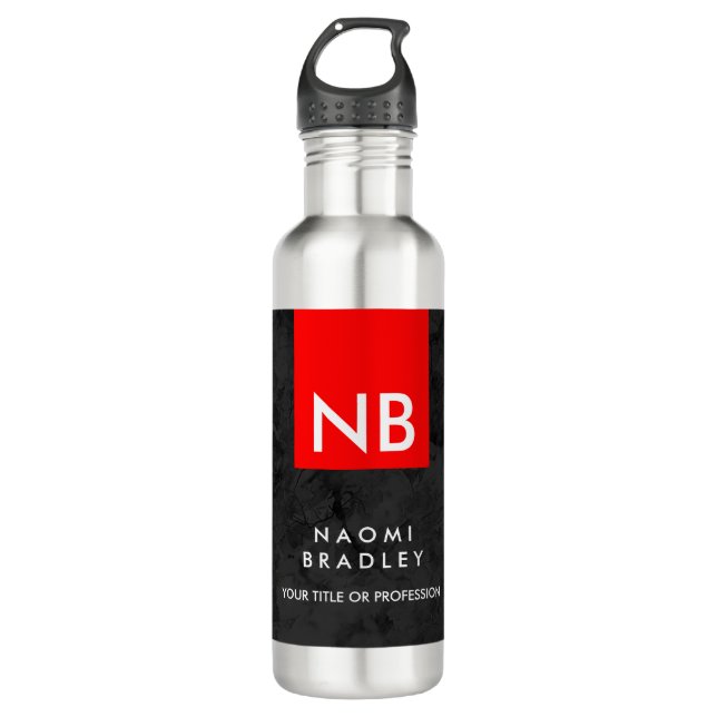 Monogram Red Gray Pattern Modern Stainless Steel Water Bottle (Front)