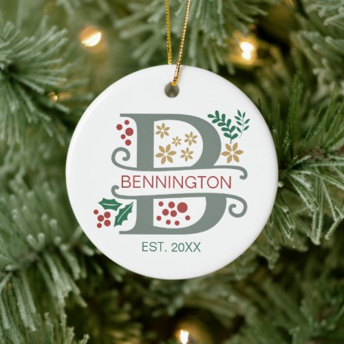 Monogram Red Green and Gold Letter B with Name Ceramic Ornament