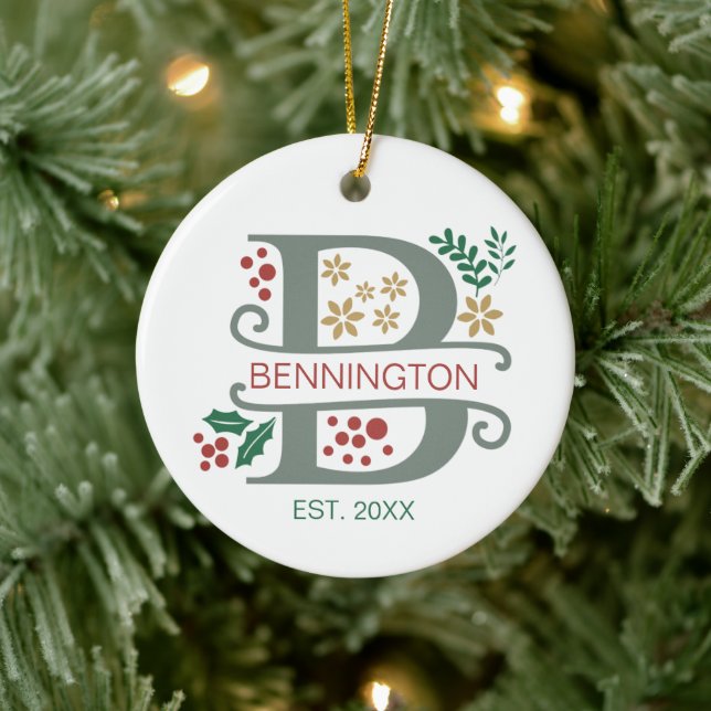 Monogram Red, Green, and Gold Letter “B” with Name Ceramic Ornament (Tree)