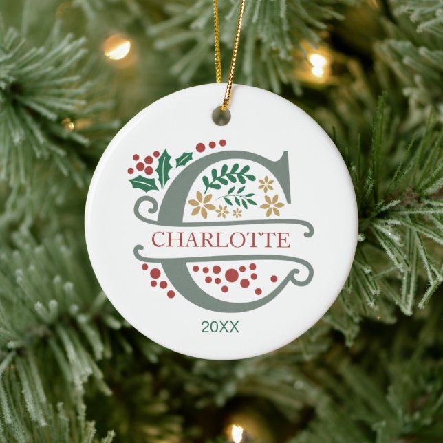 Monogram Red, Green, and Gold Letter “C” with Name Ceramic Ornament (Tree)