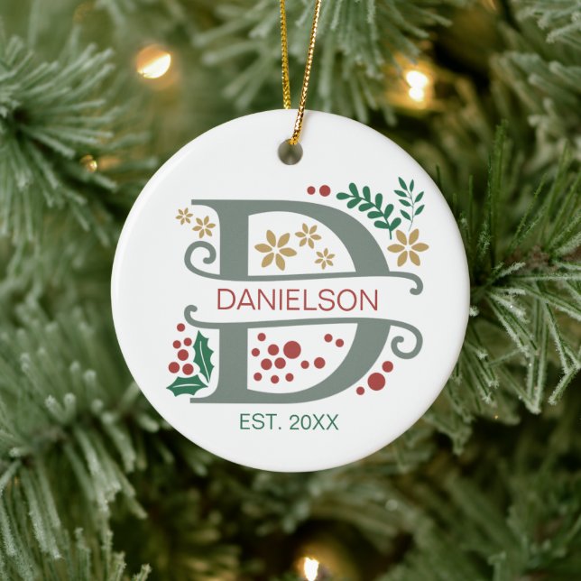 Monogram Red, Green, and Gold Letter “D” with Name Ceramic Ornament (Tree)
