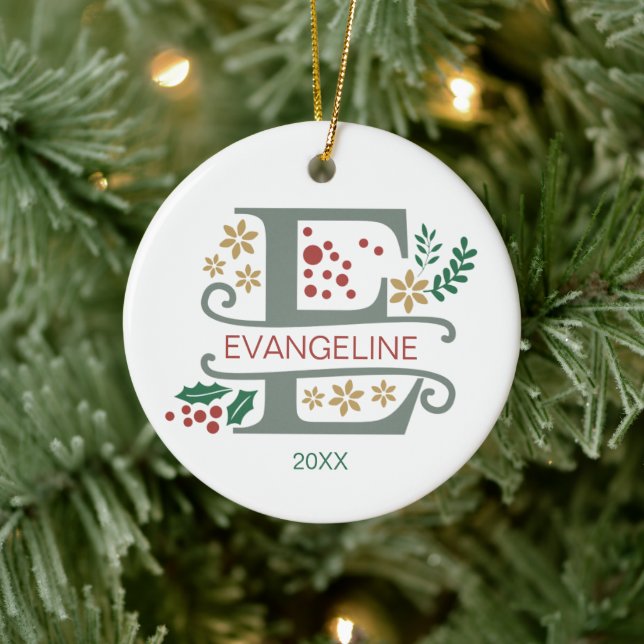 Monogram Red, Green, and Gold Letter “E” with Name Ceramic Ornament (Tree)