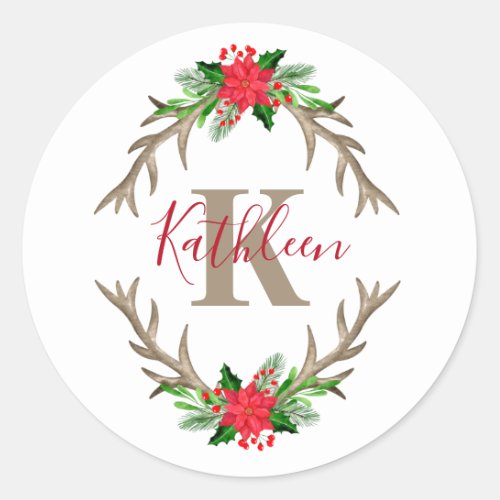Monogram Red Green Christmas Floral Antlers Classic Round Sticker