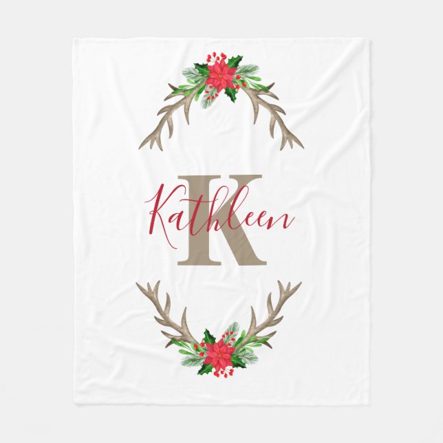 Monogram Red Green Christmas Floral Antlers Fleece Blanket (Front)