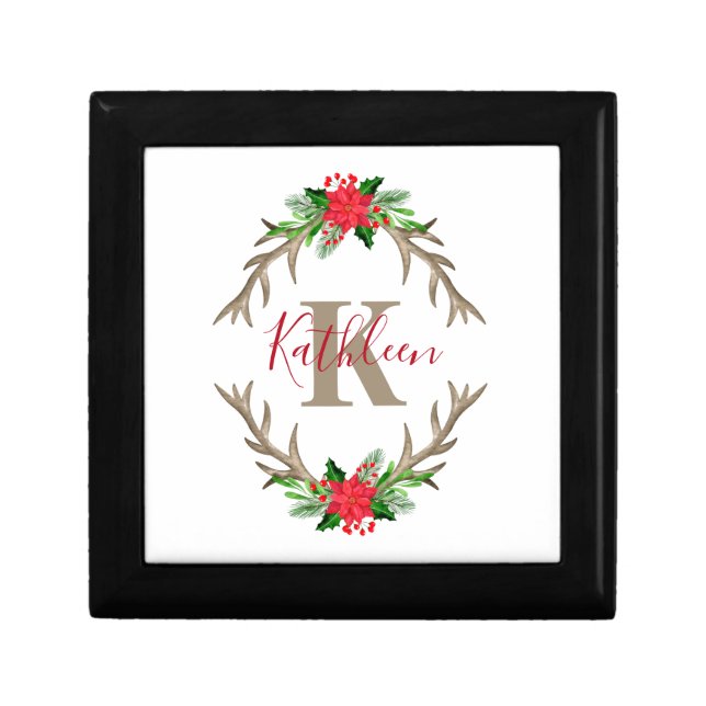 Monogram Red Green Christmas Floral Antlers  Gift Box (Front)
