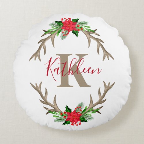 Monogram Red Green Christmas Floral Antlers  Round Pillow
