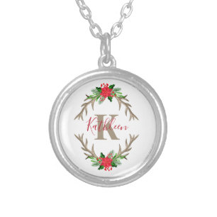Monogram Red Green Christmas Floral Antlers Silver Plated Necklace