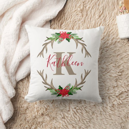 Monogram Red Green Christmas Floral Antlers  Throw Pillow