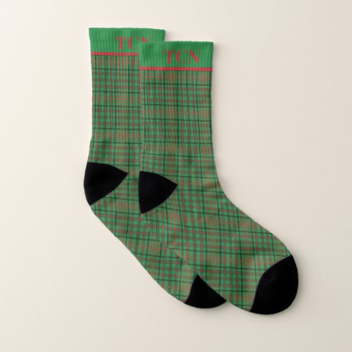 Monogram Red Green Plaid Christmas  Socks