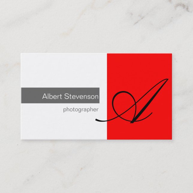 Monogram Red Grey White Photography Business Card (Front)