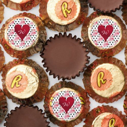 Monogram Red Heart on Black Hearts and Pink Roses Reeses Peanut Butter Cups