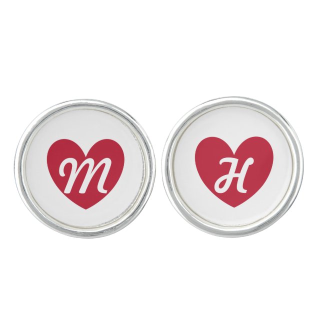 Monogram red heart on white cufflinks (Front)