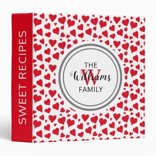 Monogram Red Hearts Doodle Script Name Recipe 3 Ring Binder