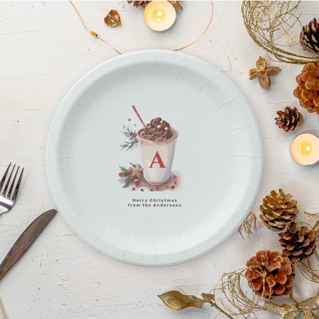 Monogram Red Hot Cocoa Coffee Christmas Party   Paper Plates (Creator Uploaded)
