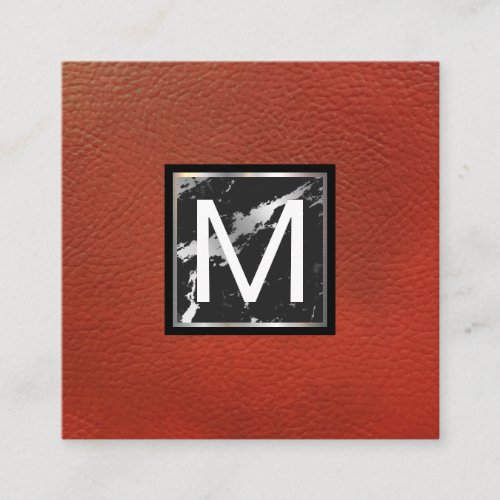 Monogram  Red Leather  Marble Metal Trim Square Business Card