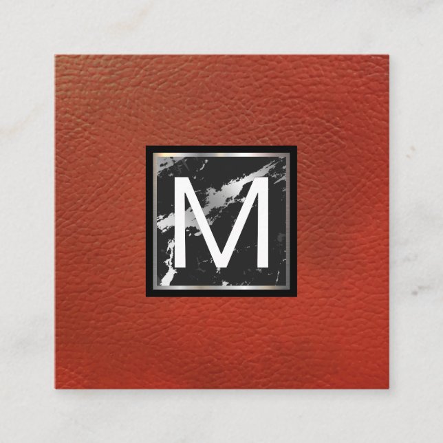 Monogram | Red Leather | Marble Metal Trim Square Business Card (Front)